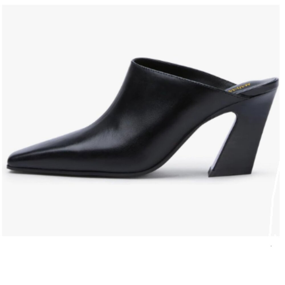 Maiyang Black Square Toe Slip on Mules High Chunky Heel Backless Trendy Slippers